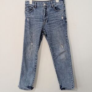 Anthropologie Pilcro Distressed Mom Denim Jeans High Waisted Blue Mid Wash 27